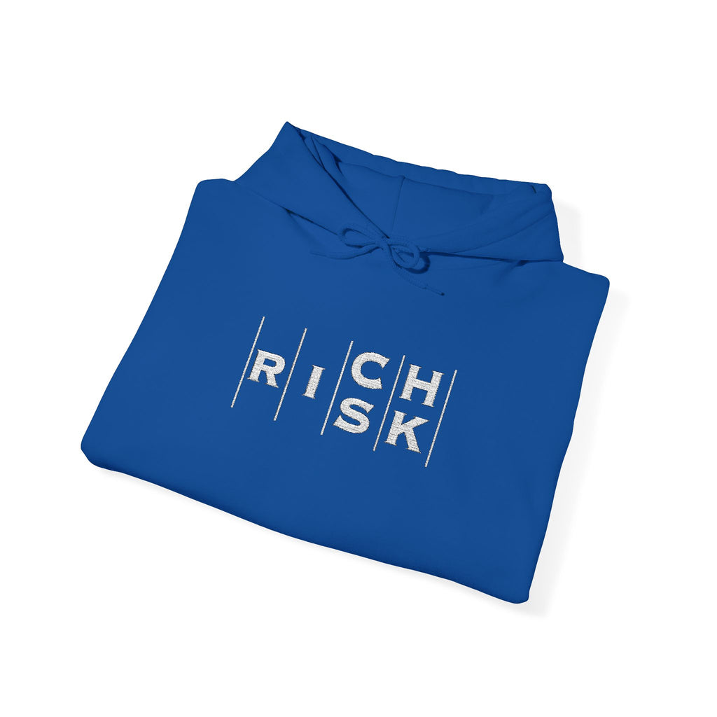 Risk/Reward Graphic Hoodie — “RISK | RICH” Distressed Text Sweatshirt