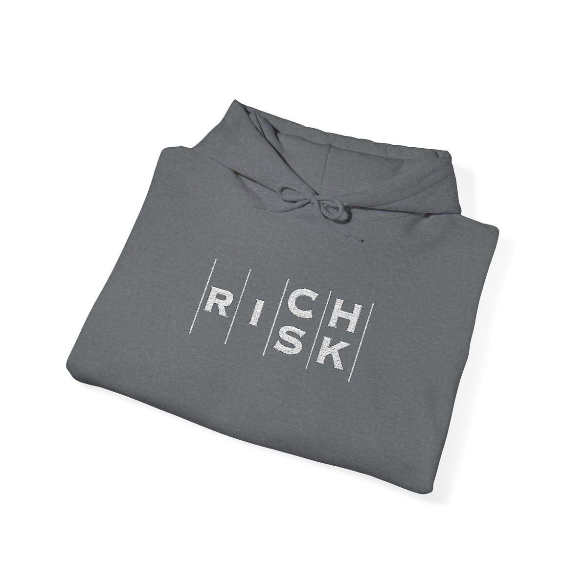 Risk/Reward Graphic Hoodie — “RISK | RICH” Distressed Text Sweatshirt