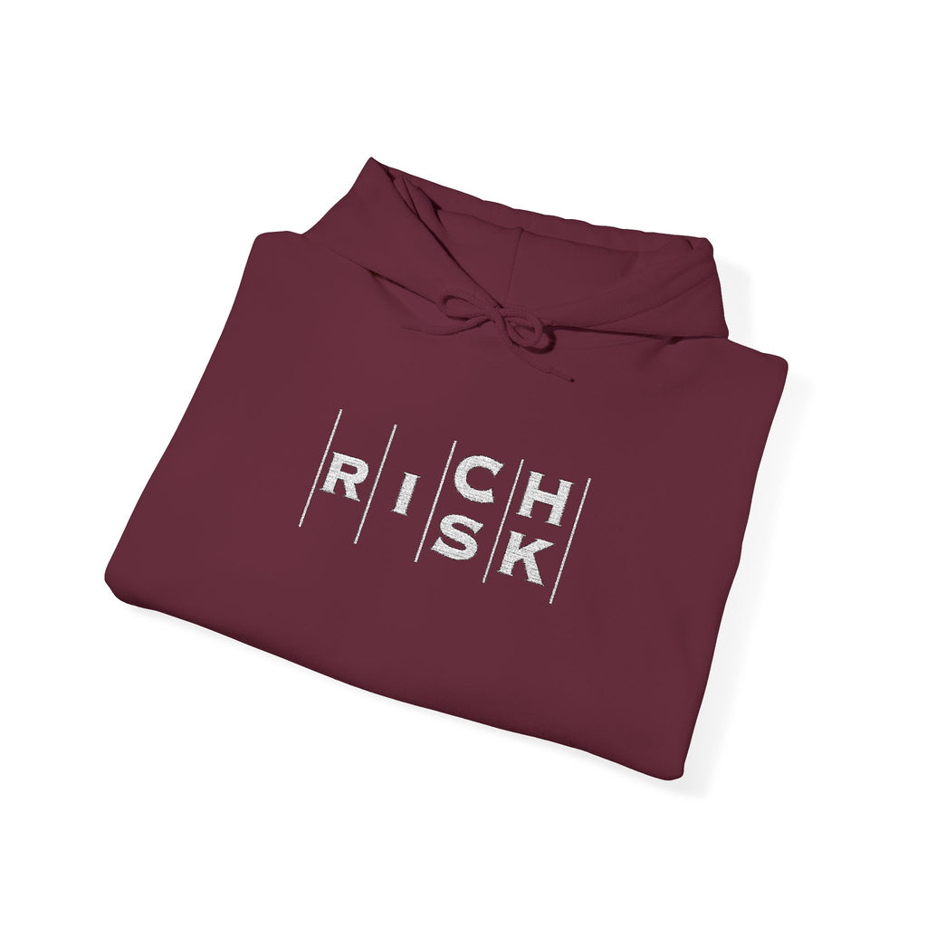 Risk/Reward Graphic Hoodie — “RISK | RICH” Distressed Text Sweatshirt