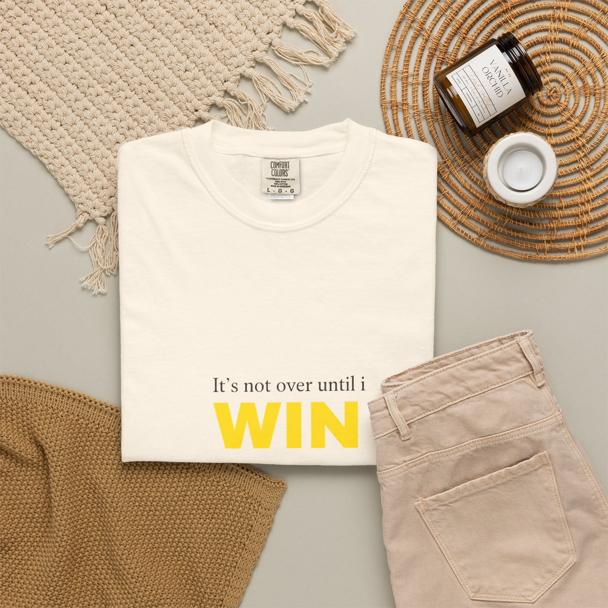 Motivational T-Shirt — "It’s Not Over Until I WIN" Bold Yellow Graphic