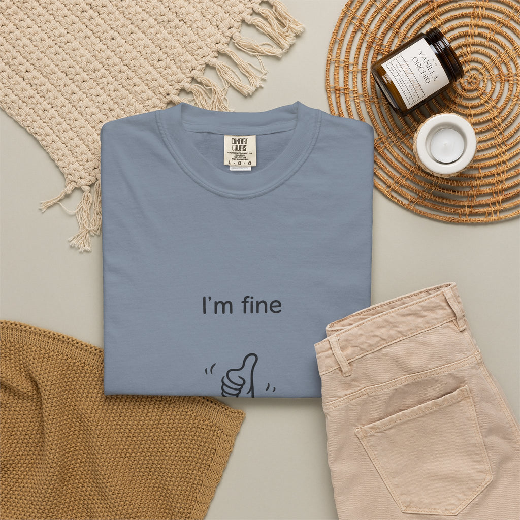 I’m Fine T-Shirt — Minimal Funny Tee with Thumbs-Up Drowning Illustration