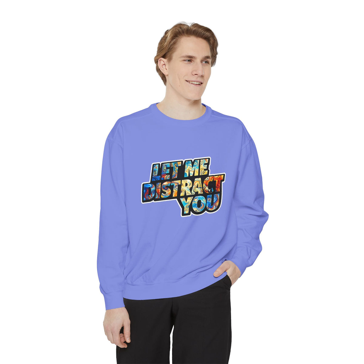 Let Me Distract You Sweatshirt — Colorful Retro Graphic Crewneck