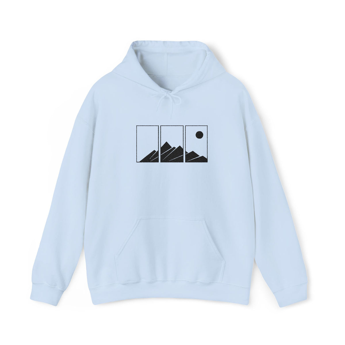 Mountain Triptych Hoodie — Minimalist Scenic Graphic Pullover Embroidered