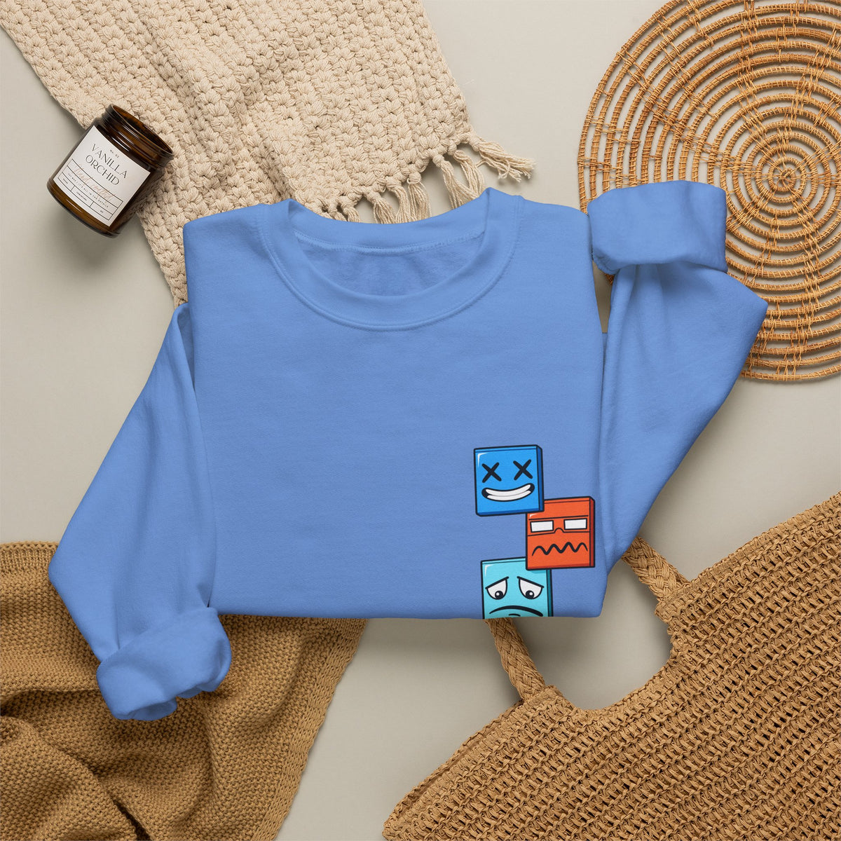 Emotional Blocks Crewneck Sweatshirt — Stacked Expressive Face Cubes Graphic