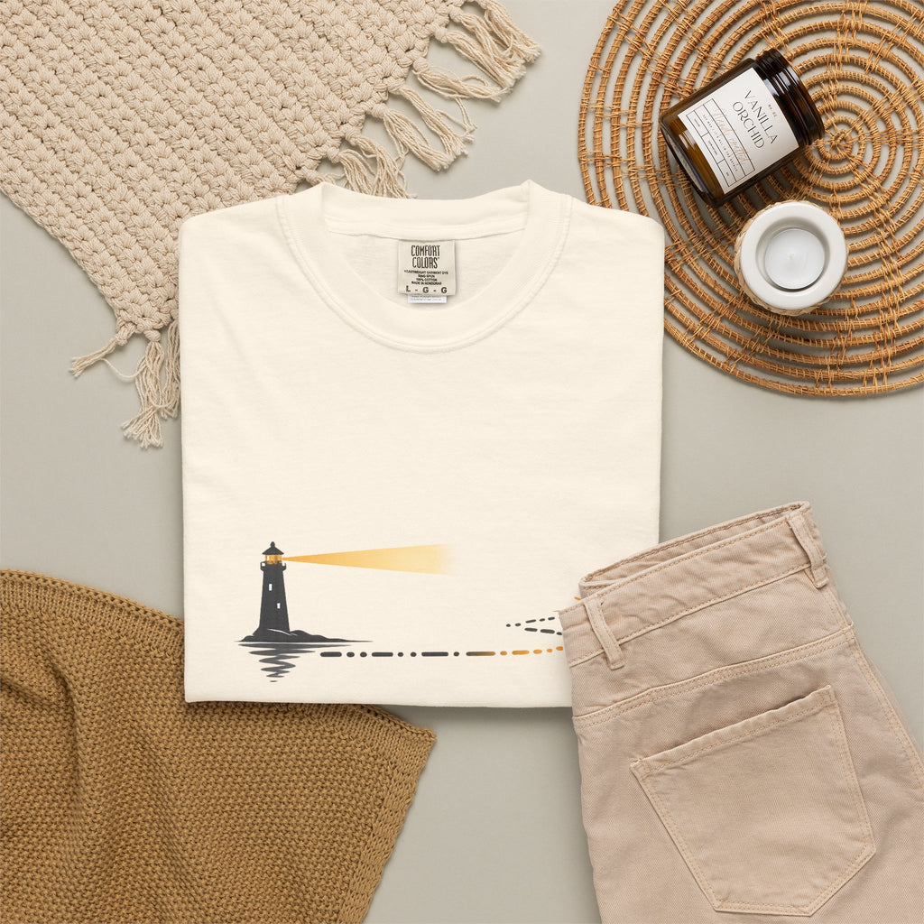 Lighthouse Sunset T-Shirt — Nautical Coastal Tee with Beacon Graphic