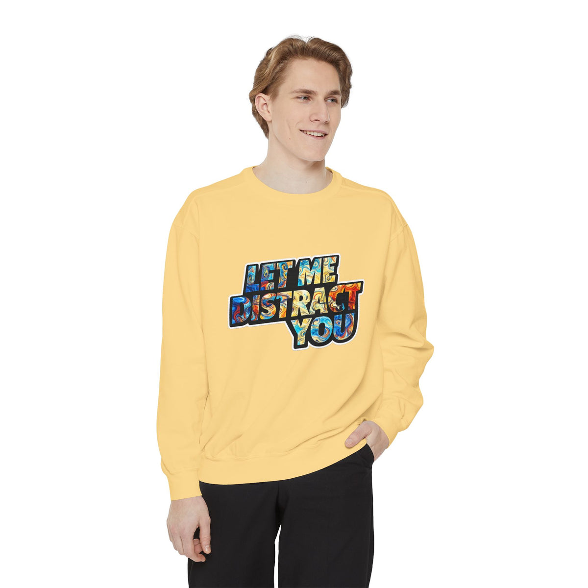 Let Me Distract You Sweatshirt — Colorful Retro Graphic Crewneck