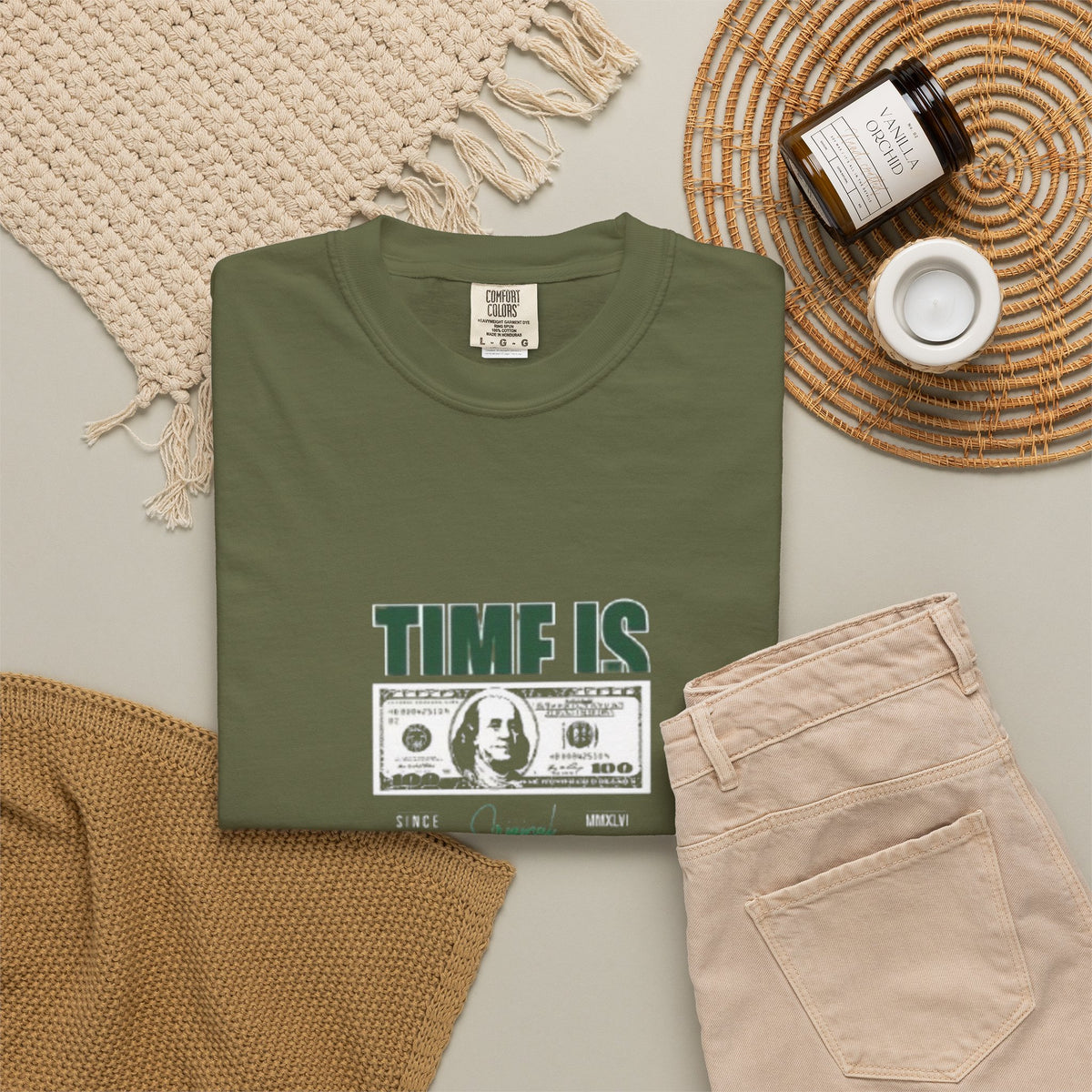 Money Vibe T-Shirt — "TIME IS" Graphic Dollar Bill Tee