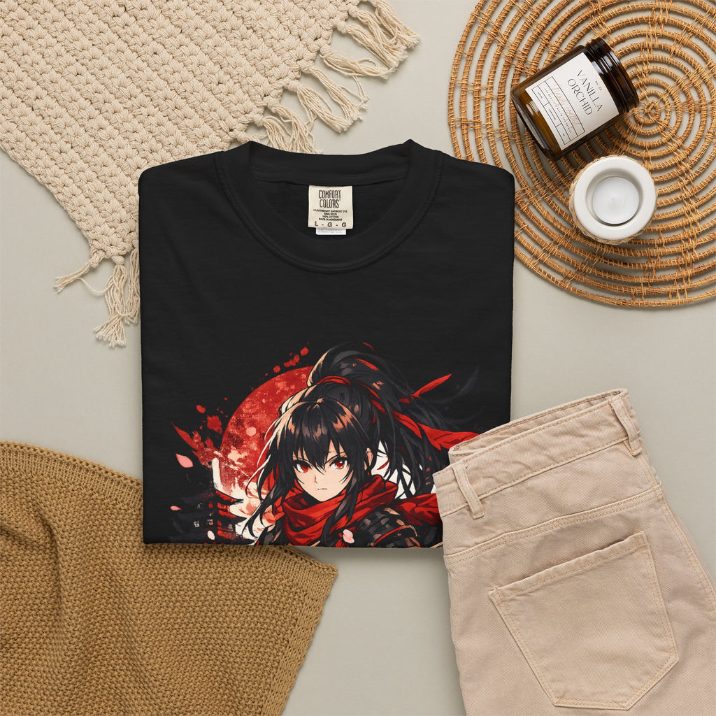 Samurai Anime Girl T-Shirt — Red Moon & Sakura Sword Art Tee