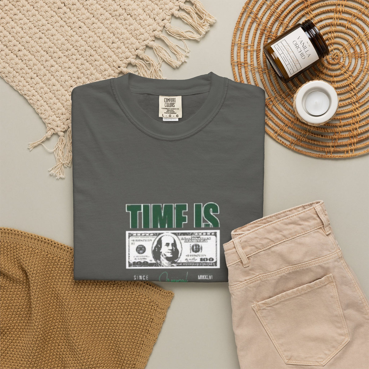 Money Vibe T-Shirt — "TIME IS" Graphic Dollar Bill Tee