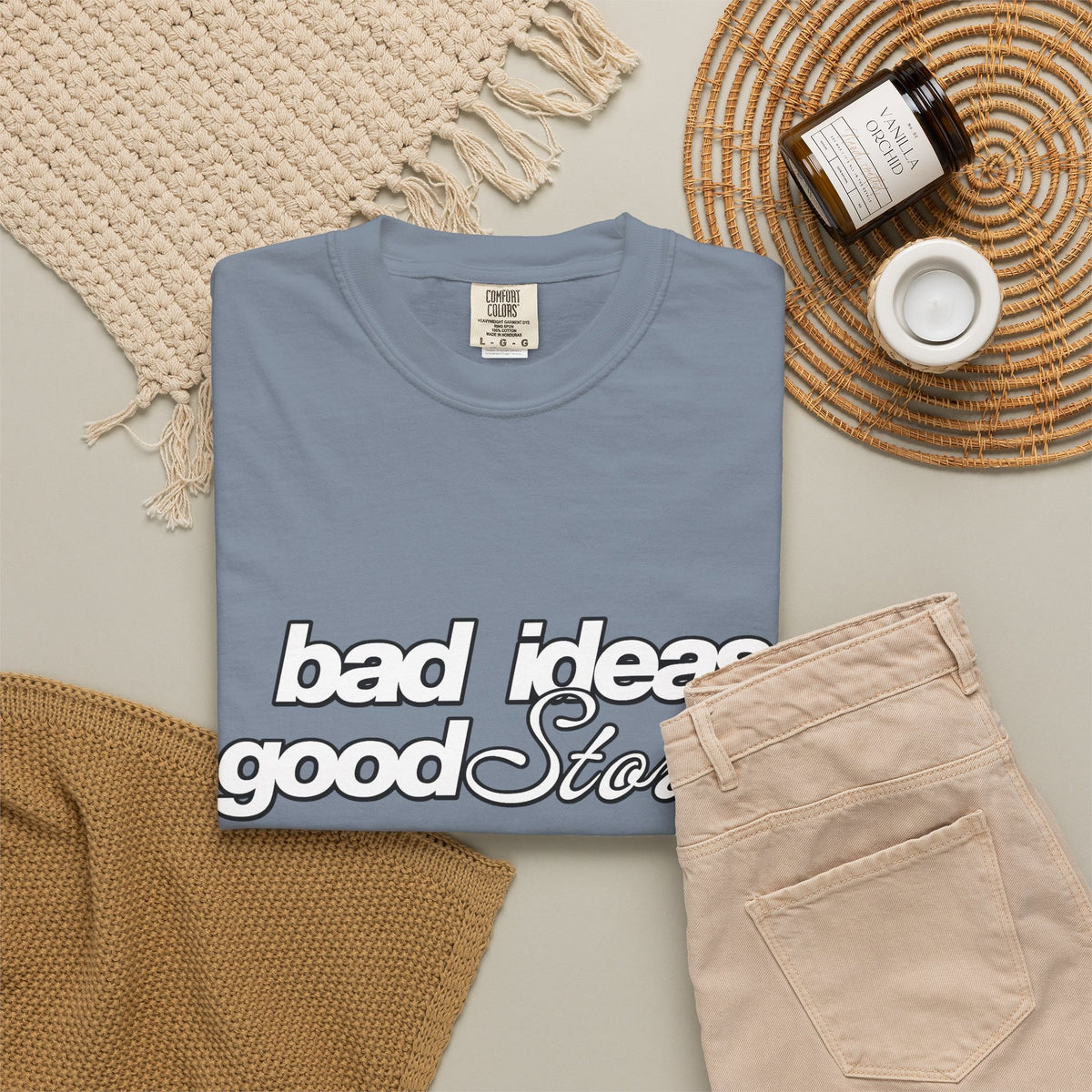 T-Shirt — “bad ideas good stories” Retro Script Tee