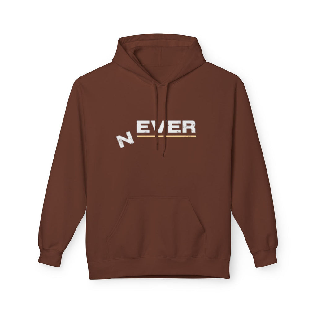 Never Typography Hoodie — Brown Casual Graphic Pullover