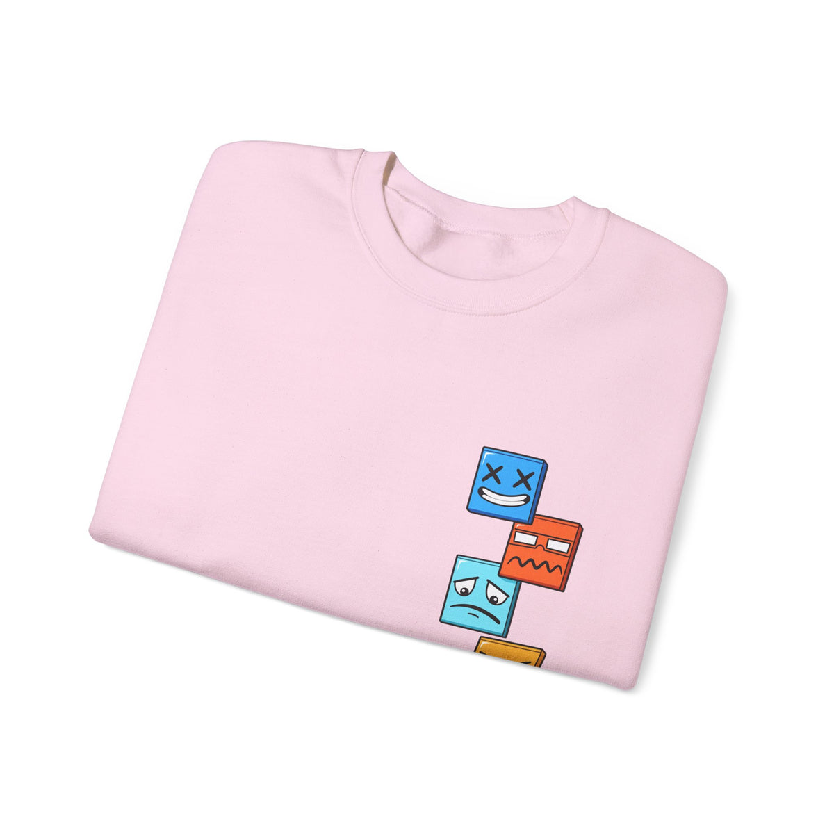Emotional Blocks Crewneck Sweatshirt — Stacked Expressive Face Cubes Graphic