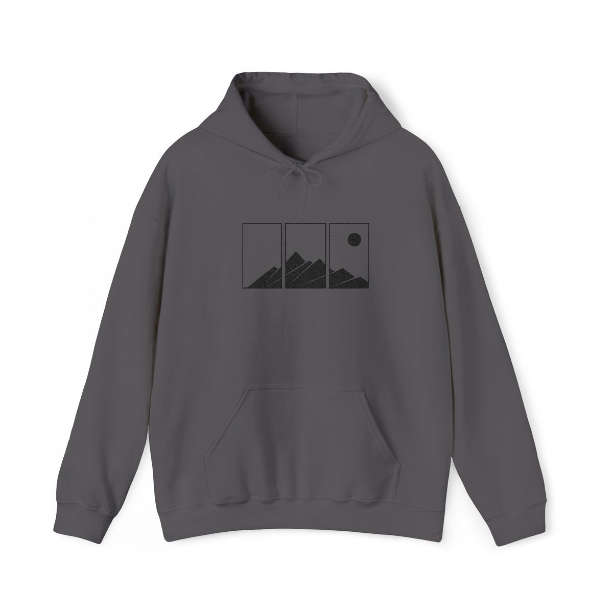 Mountain Triptych Hoodie — Minimalist Scenic Graphic Pullover Embroidered