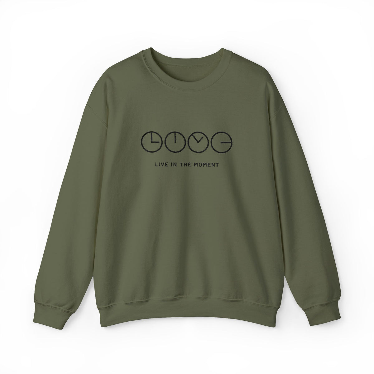 Live In The Moment Crewneck Sweatshirt — Minimal Clock Graphic Embroidered