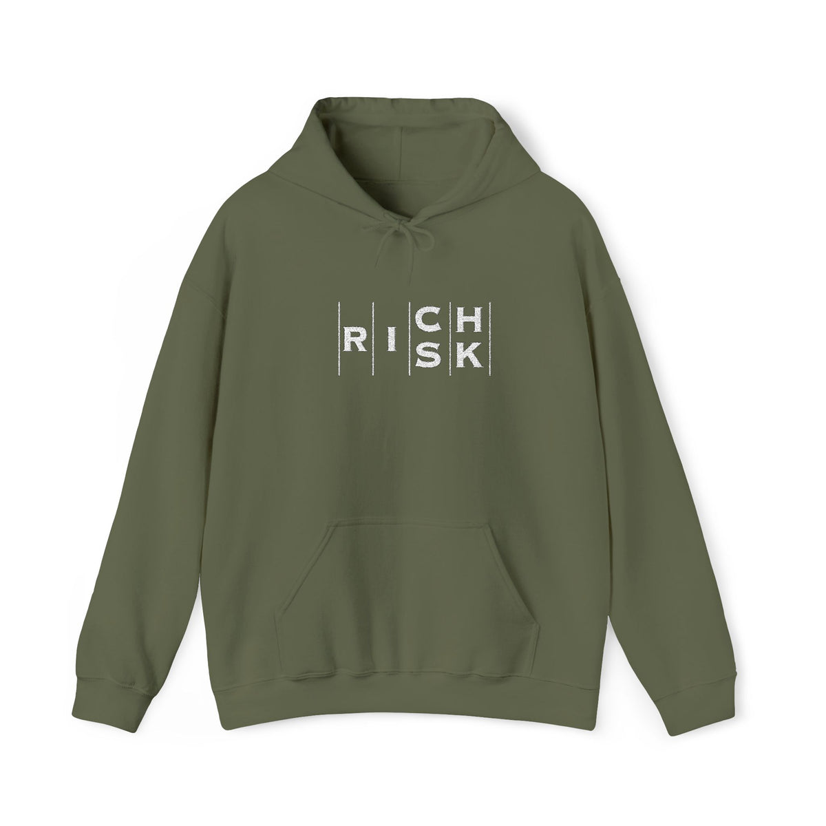 Risk/Reward Graphic Hoodie — “RISK | RICH” Distressed Text Sweatshirt