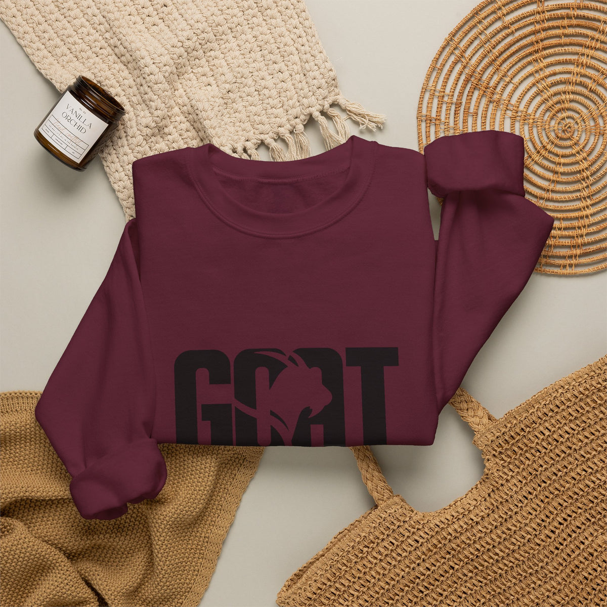 GOAT Graphic Sweatshirt — Athletic "GOAT" Logo Crewneck for Sports Fans