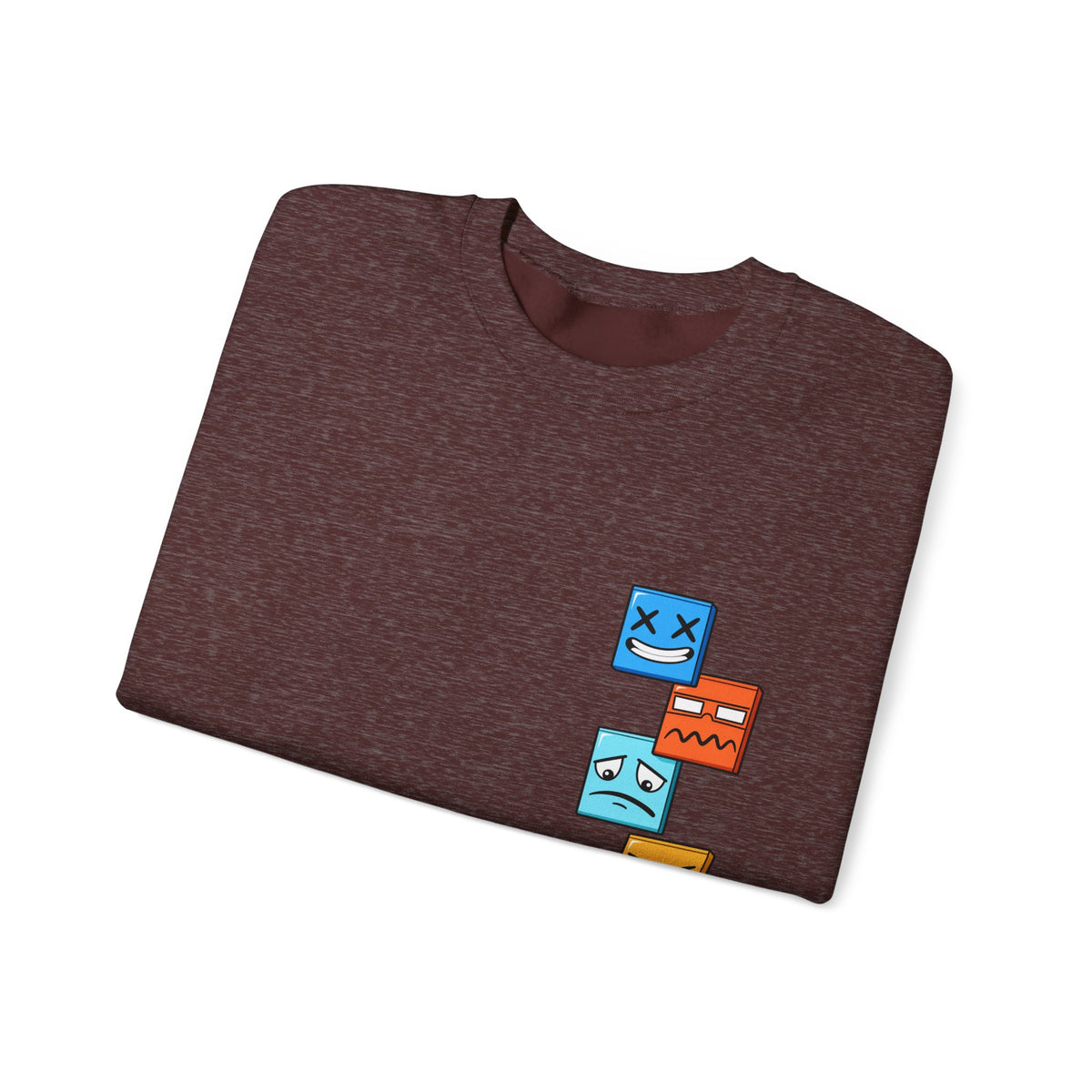 Emotional Blocks Crewneck Sweatshirt — Stacked Expressive Face Cubes Graphic