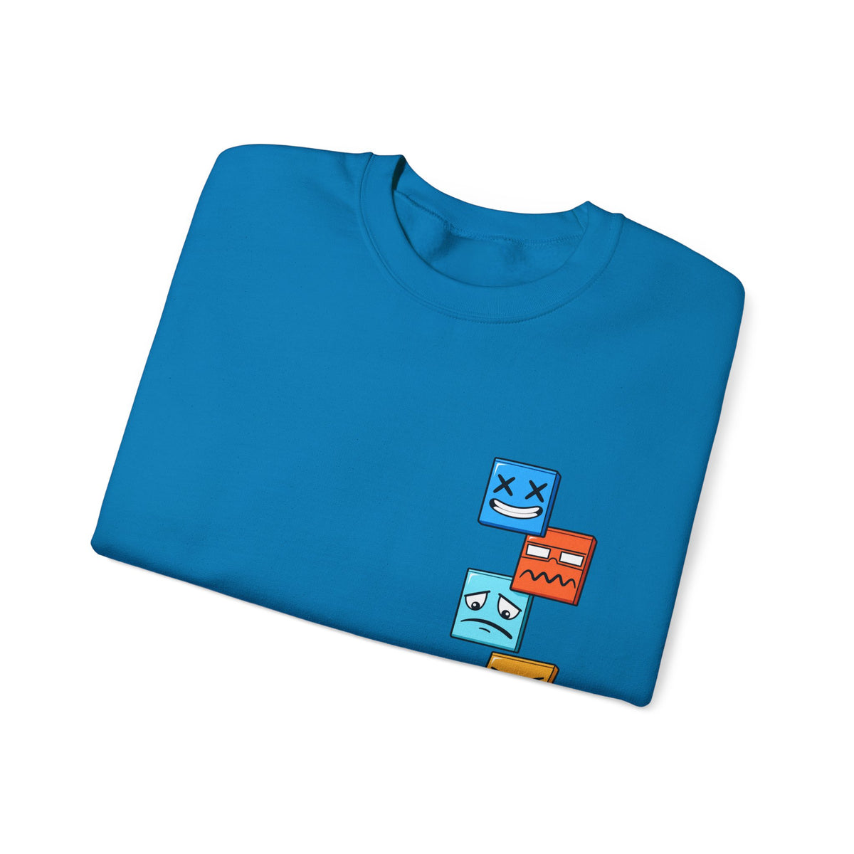 Emotional Blocks Crewneck Sweatshirt — Stacked Expressive Face Cubes Graphic
