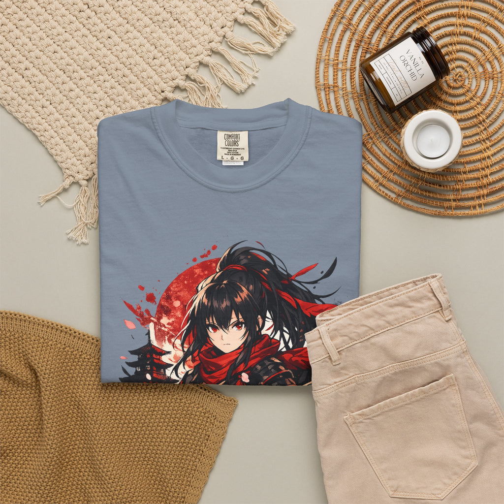 Samurai Anime Girl T-Shirt — Red Moon & Sakura Sword Art Tee