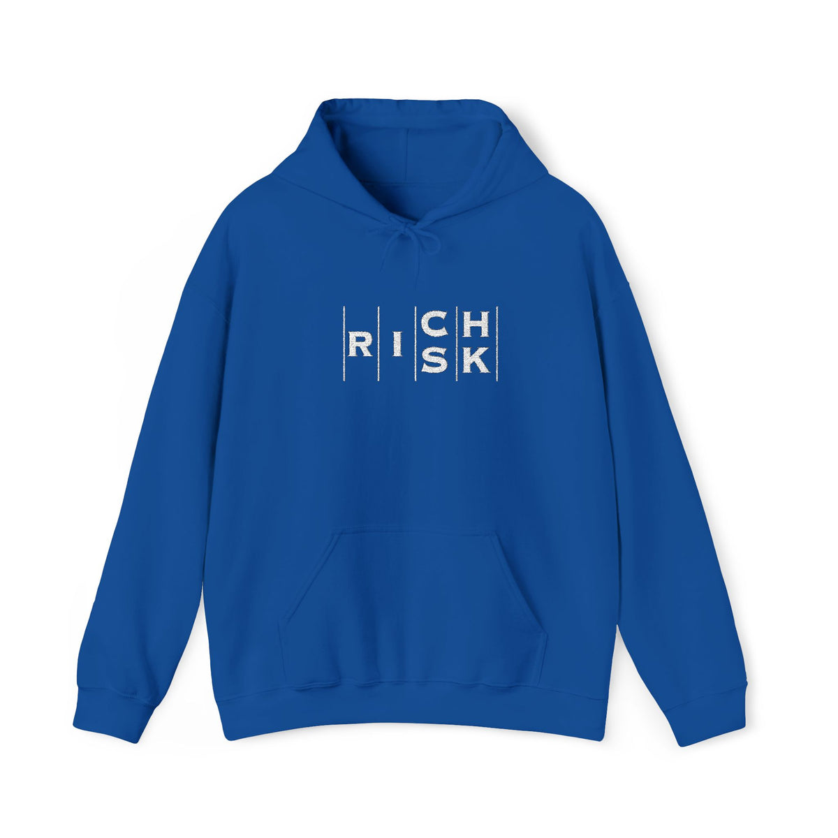 Risk/Reward Graphic Hoodie — “RISK | RICH” Distressed Text Sweatshirt