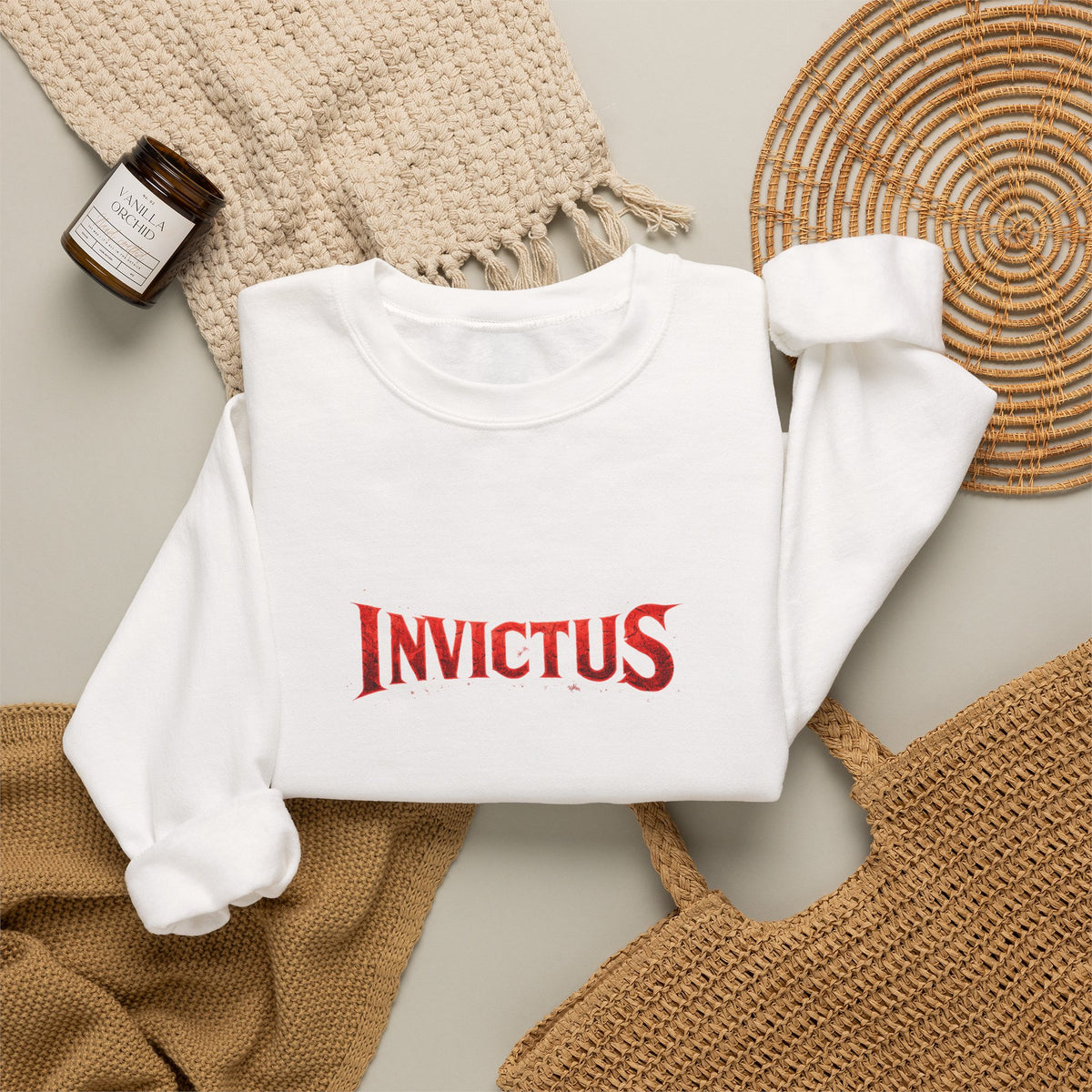 Invictus Crewneck Sweatshirt — Bold Red Script Pullover