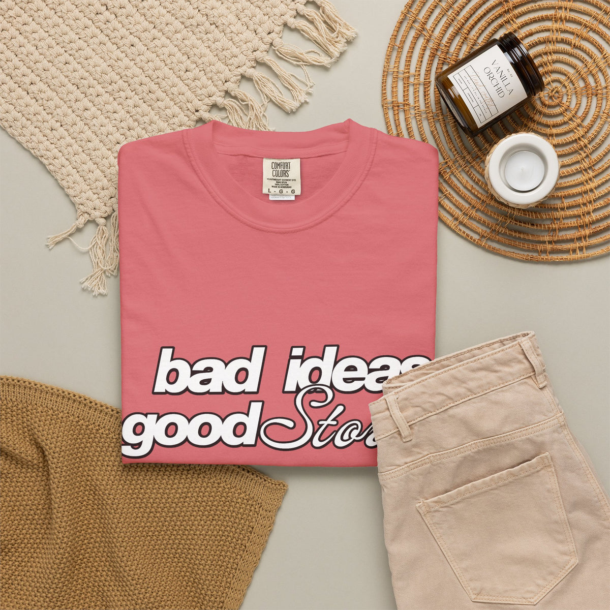 T-Shirt — “bad ideas good stories” Retro Script Tee