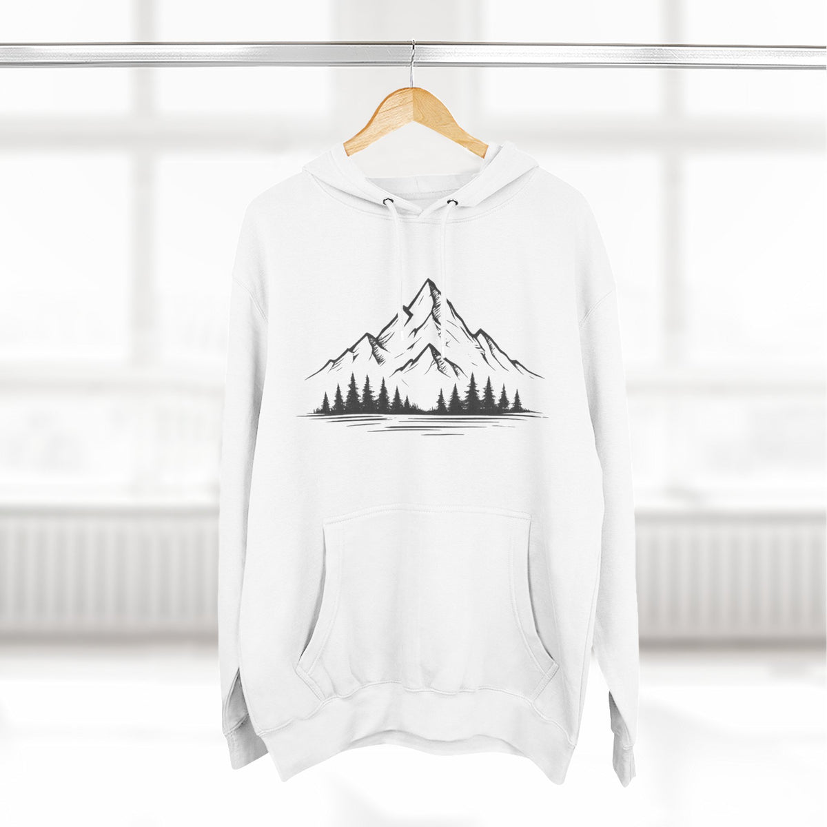 Mountain Pines Hoodie — Minimal Mountain & Forest Graphic Pullover