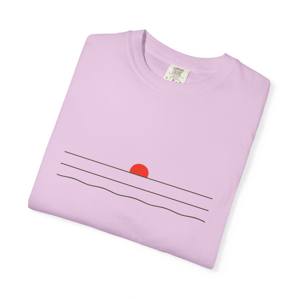 Sunset Minimalist T-Shirt — Red Sun Over Wavy Lines Tee