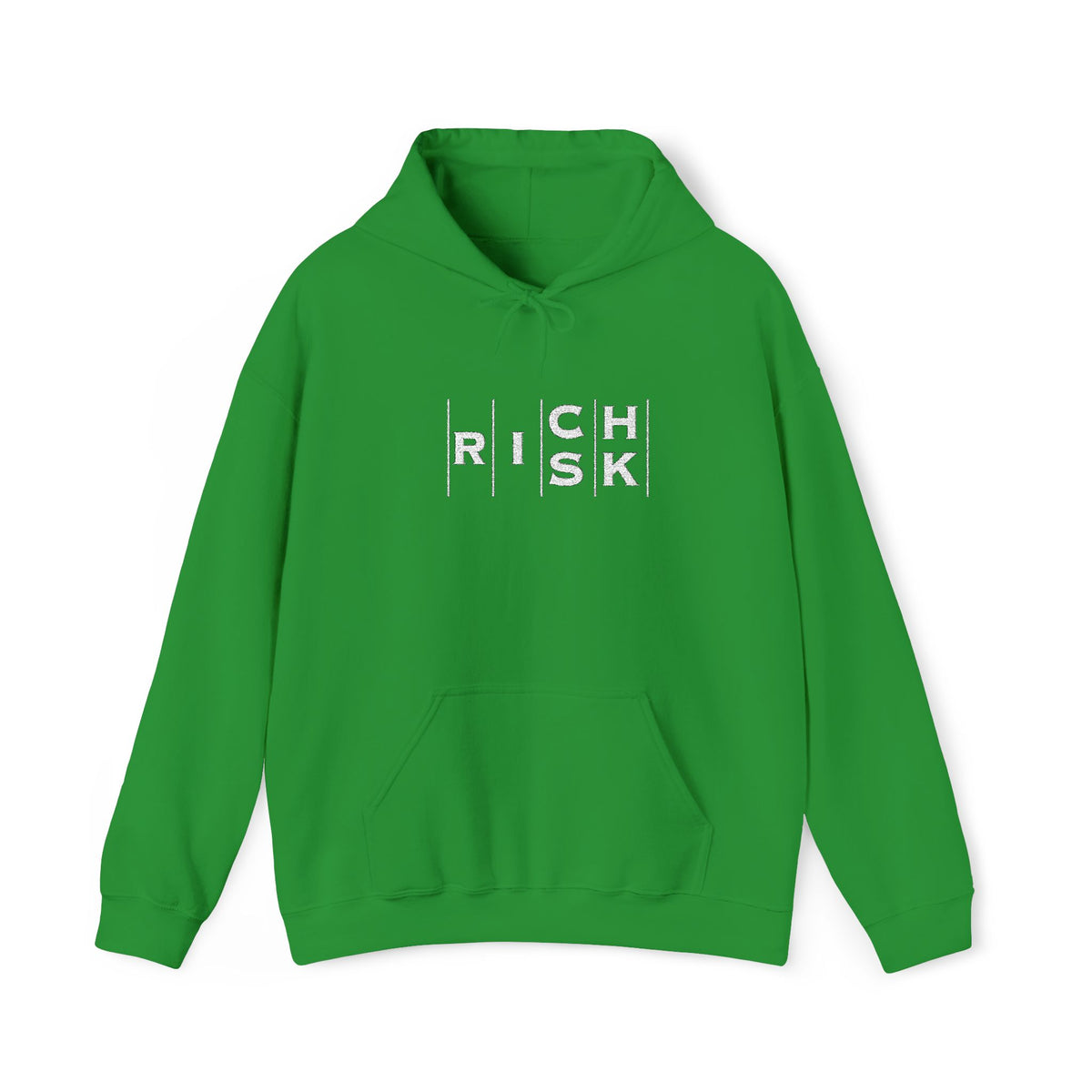 Risk/Reward Graphic Hoodie — “RISK | RICH” Distressed Text Sweatshirt