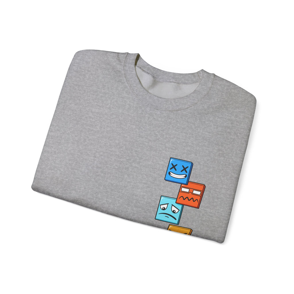 Emotional Blocks Crewneck Sweatshirt — Stacked Expressive Face Cubes Graphic