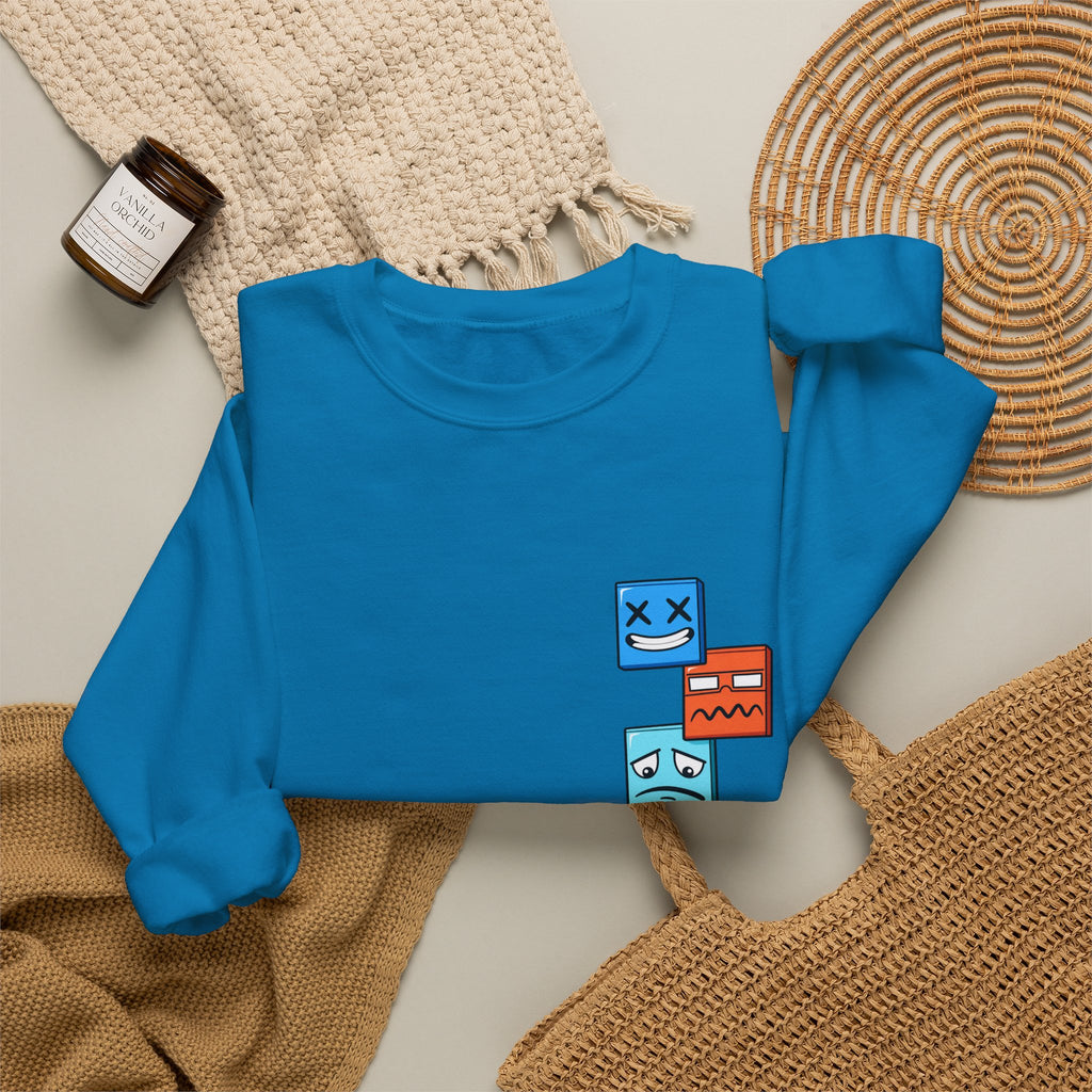 Emotional Blocks Crewneck Sweatshirt — Stacked Expressive Face Cubes Graphic
