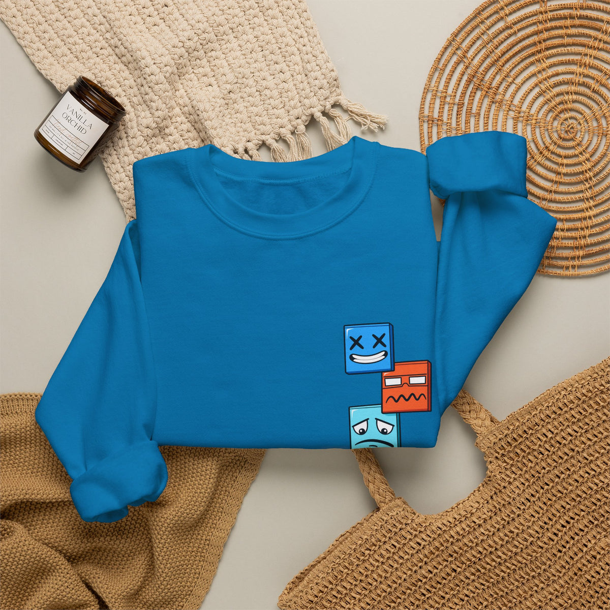 Emotional Blocks Crewneck Sweatshirt — Stacked Expressive Face Cubes Graphic