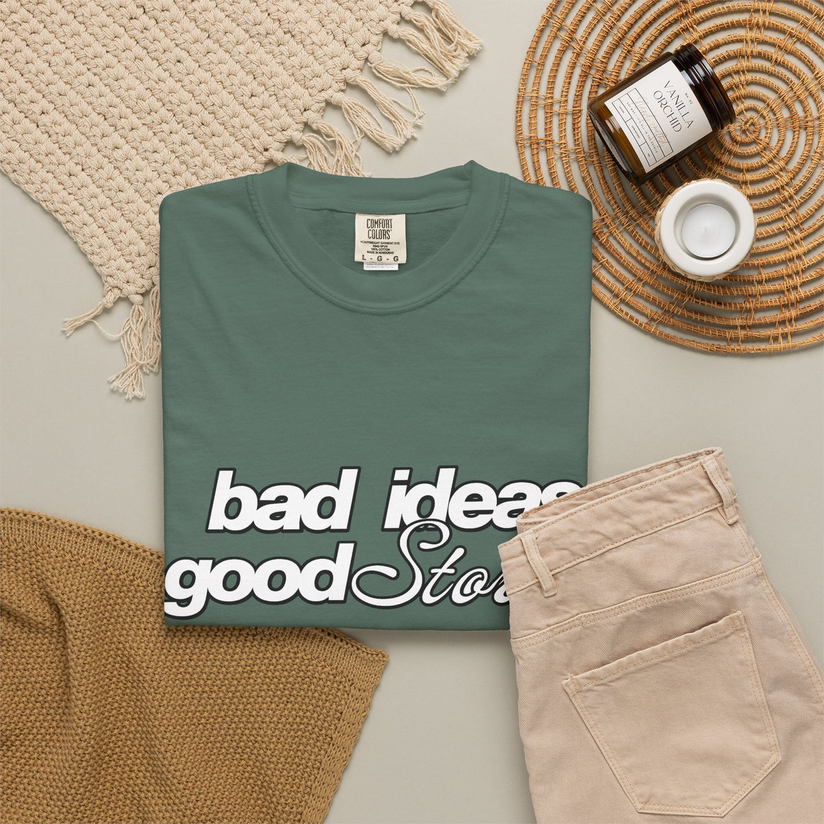 T-Shirt — “bad ideas good stories” Retro Script Tee
