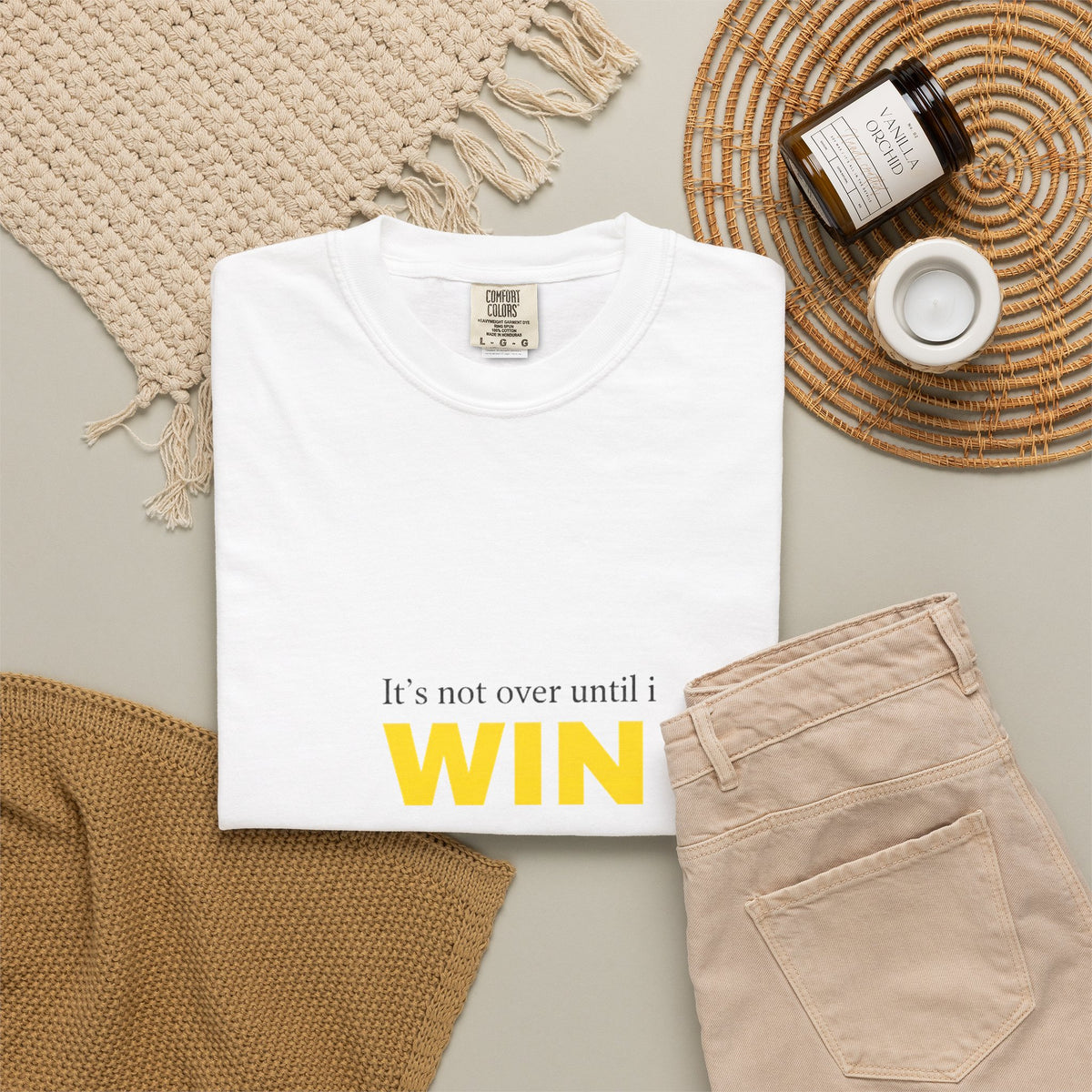 Motivational T-Shirt — "It’s Not Over Until I WIN" Bold Yellow Graphic
