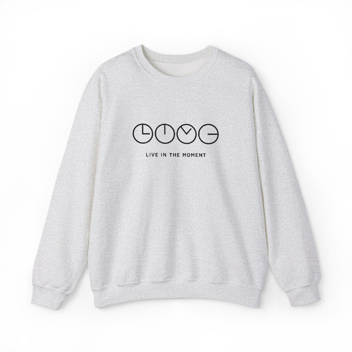Live In The Moment Crewneck Sweatshirt — Minimal Clock Graphic Embroidered