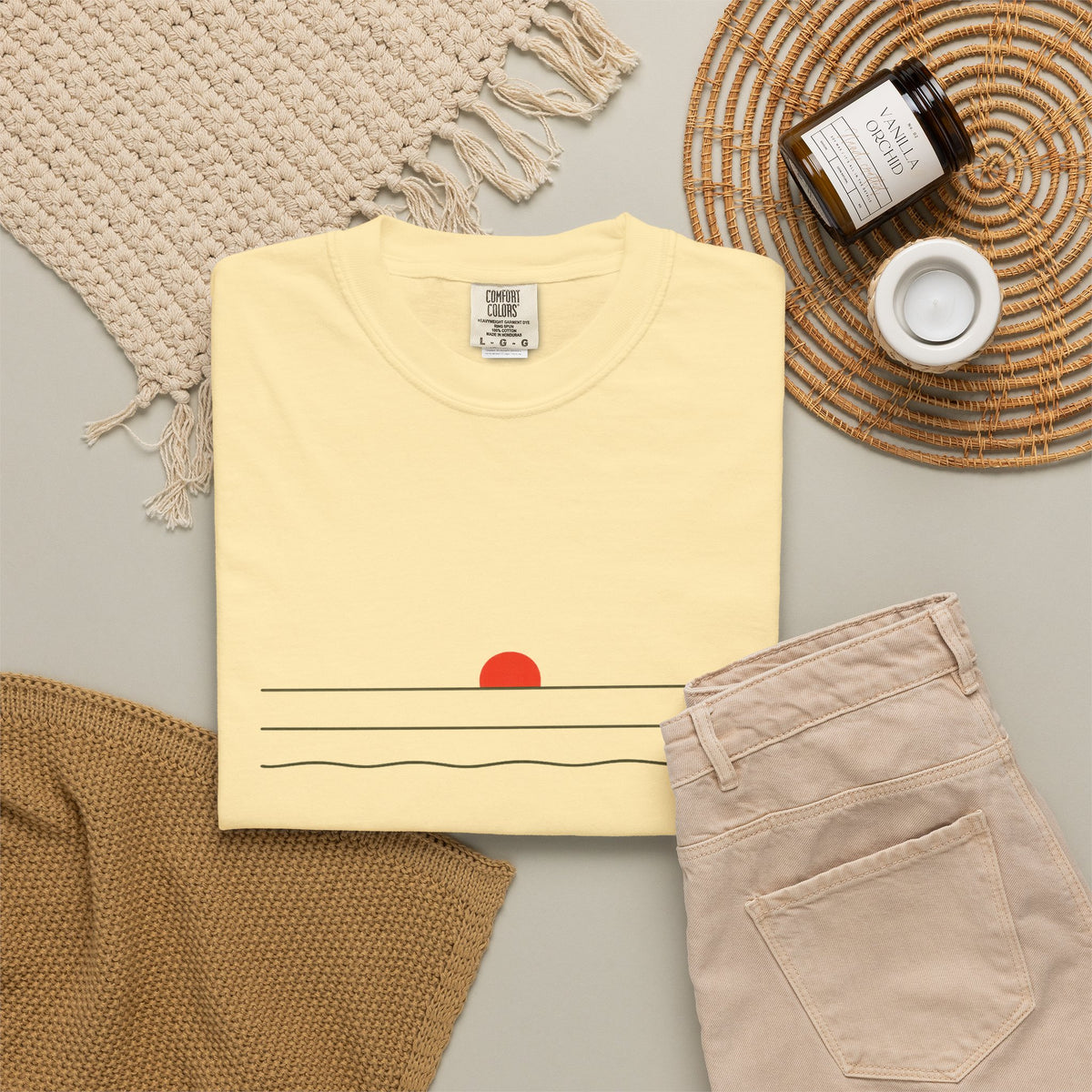 Sunset Minimalist T-Shirt — Red Sun Over Wavy Lines Tee