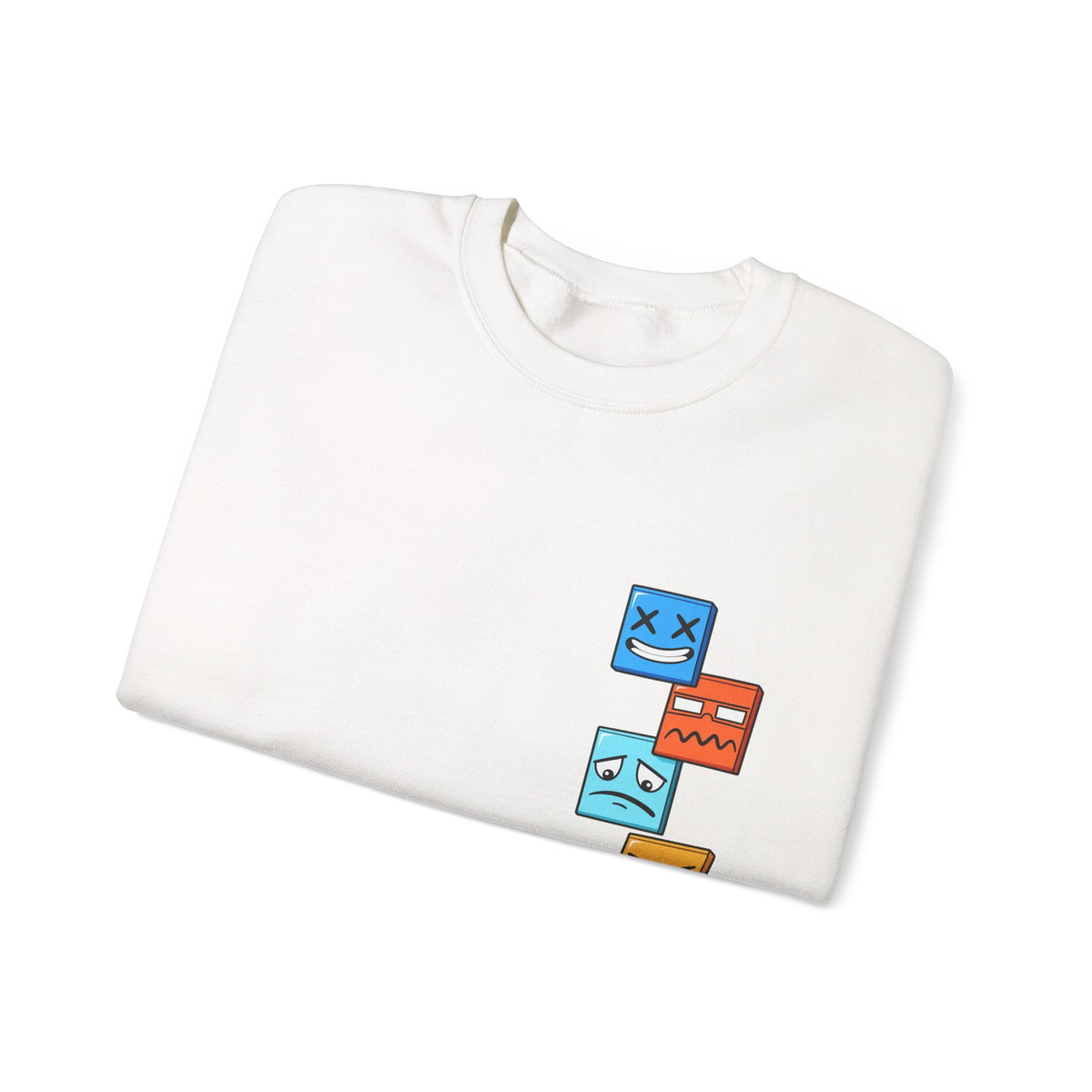 Emotional Blocks Crewneck Sweatshirt — Stacked Expressive Face Cubes Graphic
