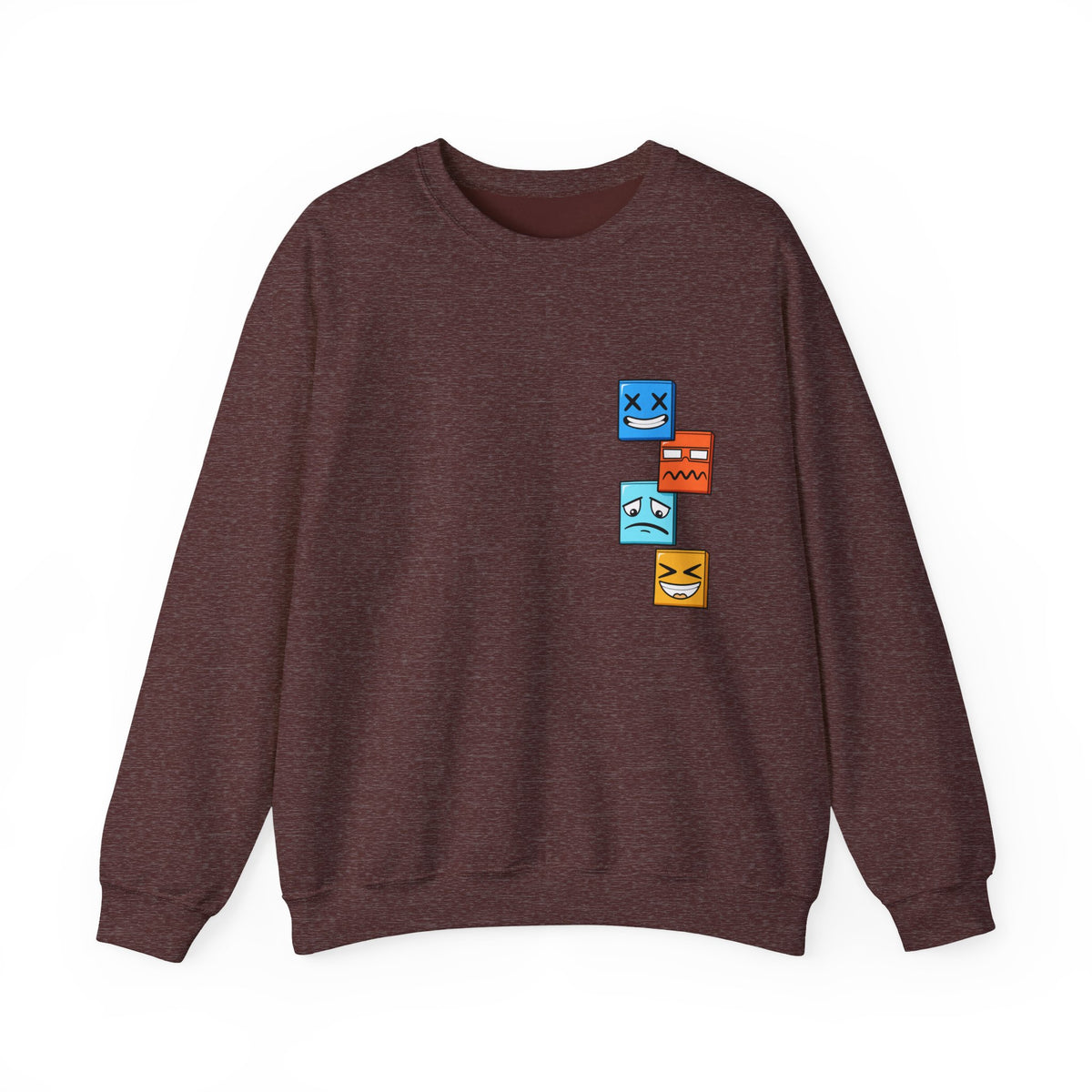 Emotional Blocks Crewneck Sweatshirt — Stacked Expressive Face Cubes Graphic