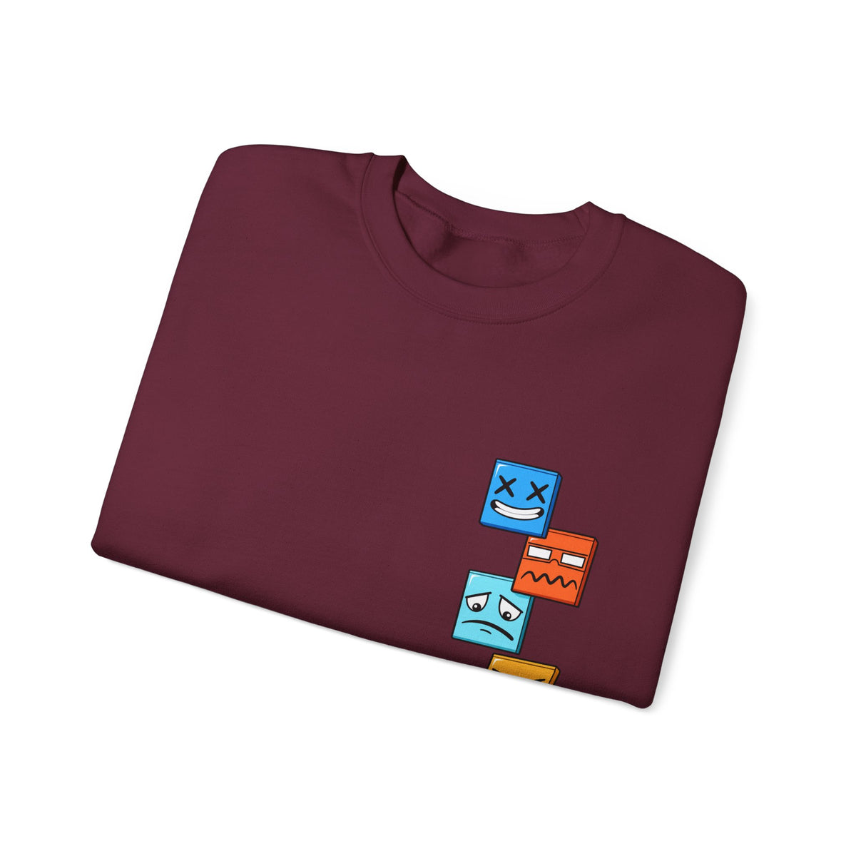 Emotional Blocks Crewneck Sweatshirt — Stacked Expressive Face Cubes Graphic