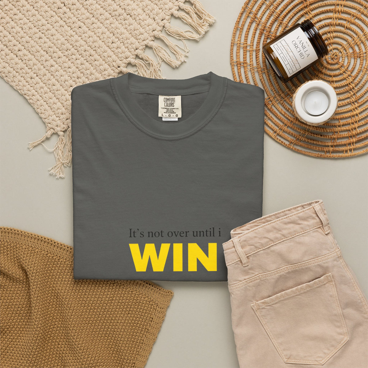 Motivational T-Shirt — "It’s Not Over Until I WIN" Bold Yellow Graphic