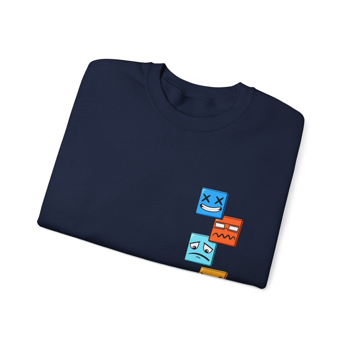 Emotional Blocks Crewneck Sweatshirt — Stacked Expressive Face Cubes Graphic