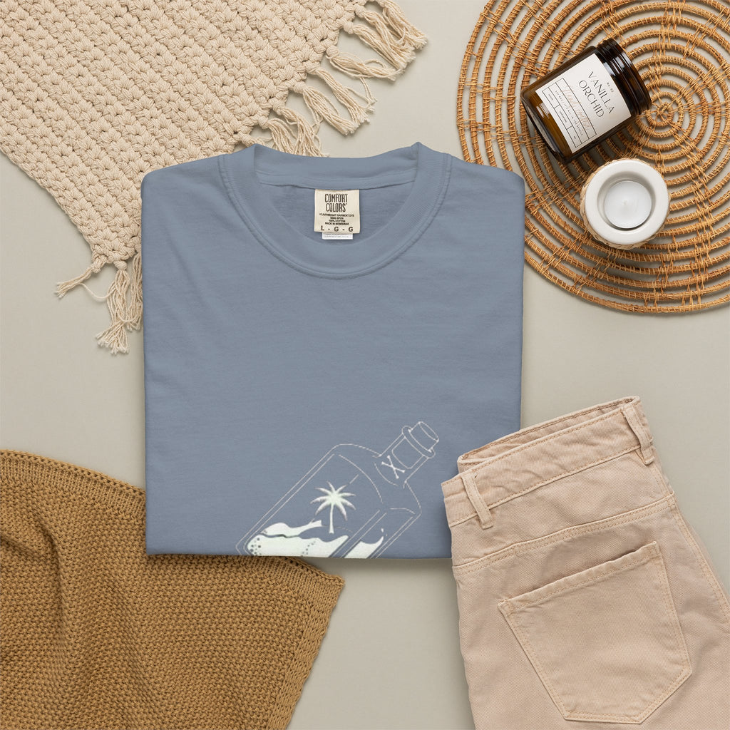 Pocket Island T‑Shirt — Minimal Bottle Isle Graphic Tee