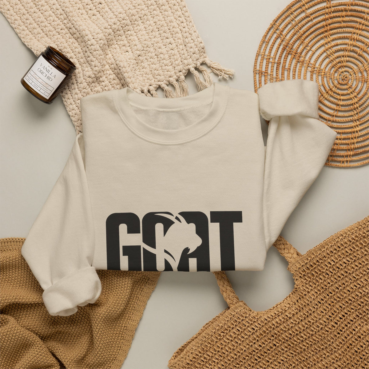 GOAT Graphic Sweatshirt — Athletic "GOAT" Logo Crewneck for Sports Fans