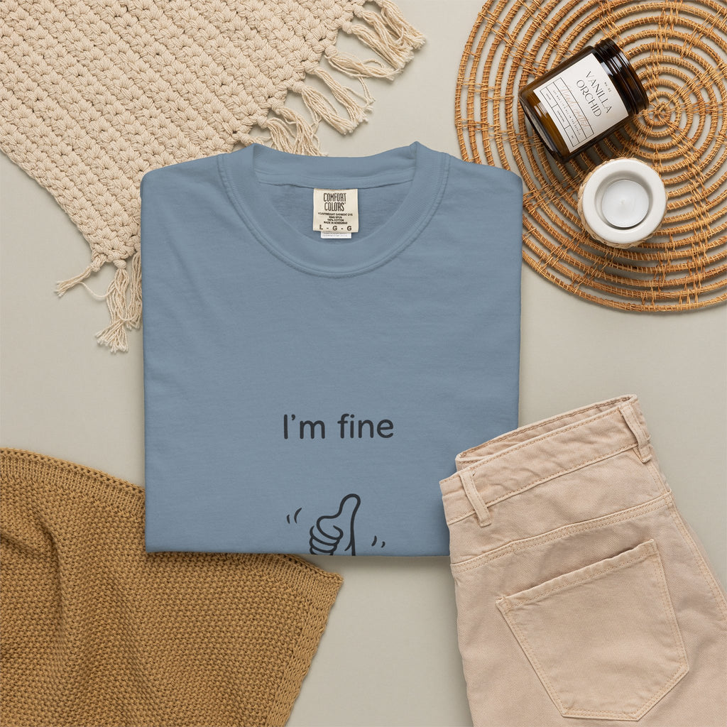 I’m Fine T-Shirt — Minimal Funny Tee with Thumbs-Up Drowning Illustration