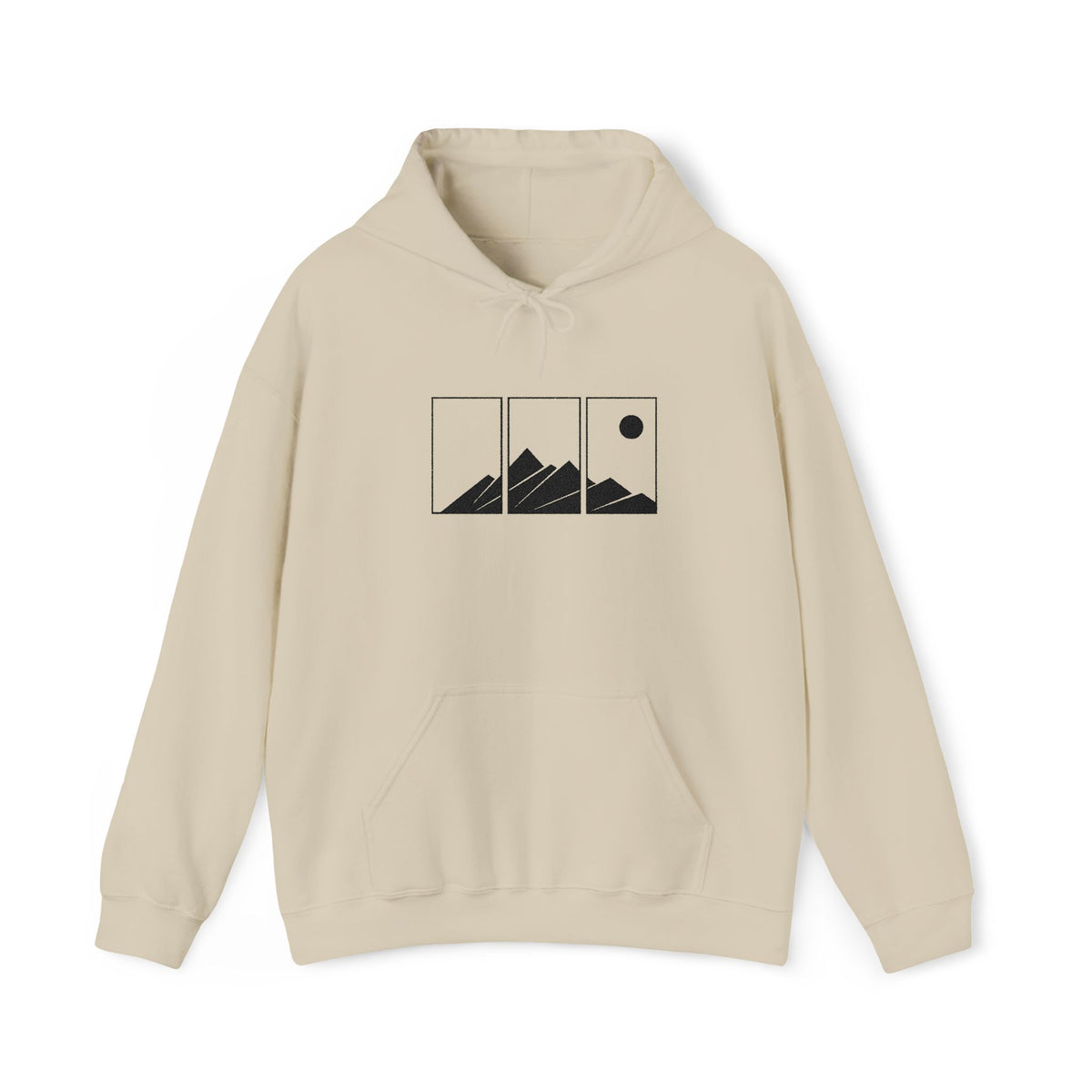 Mountain Triptych Hoodie — Minimalist Scenic Graphic Pullover Embroidered