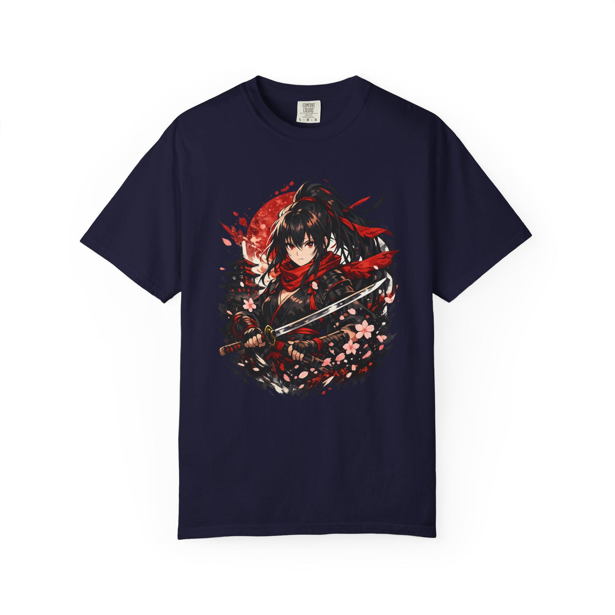 Samurai Anime Girl T-Shirt — Red Moon & Sakura Sword Art Tee