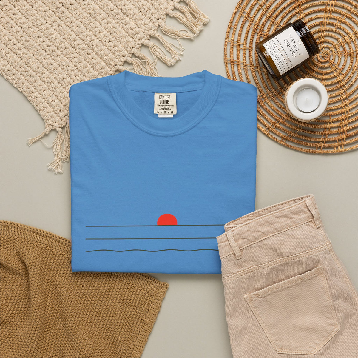 Sunset Minimalist T-Shirt — Red Sun Over Wavy Lines Tee