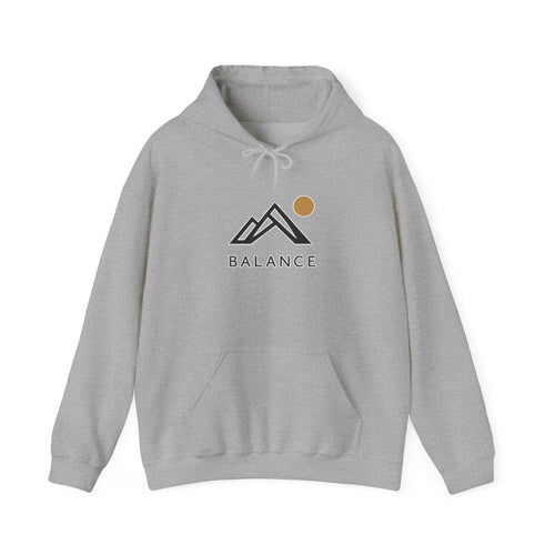 Balance Mountain Hoodie — Minimalist Sunrise Graphic Hooded Sweatshirt