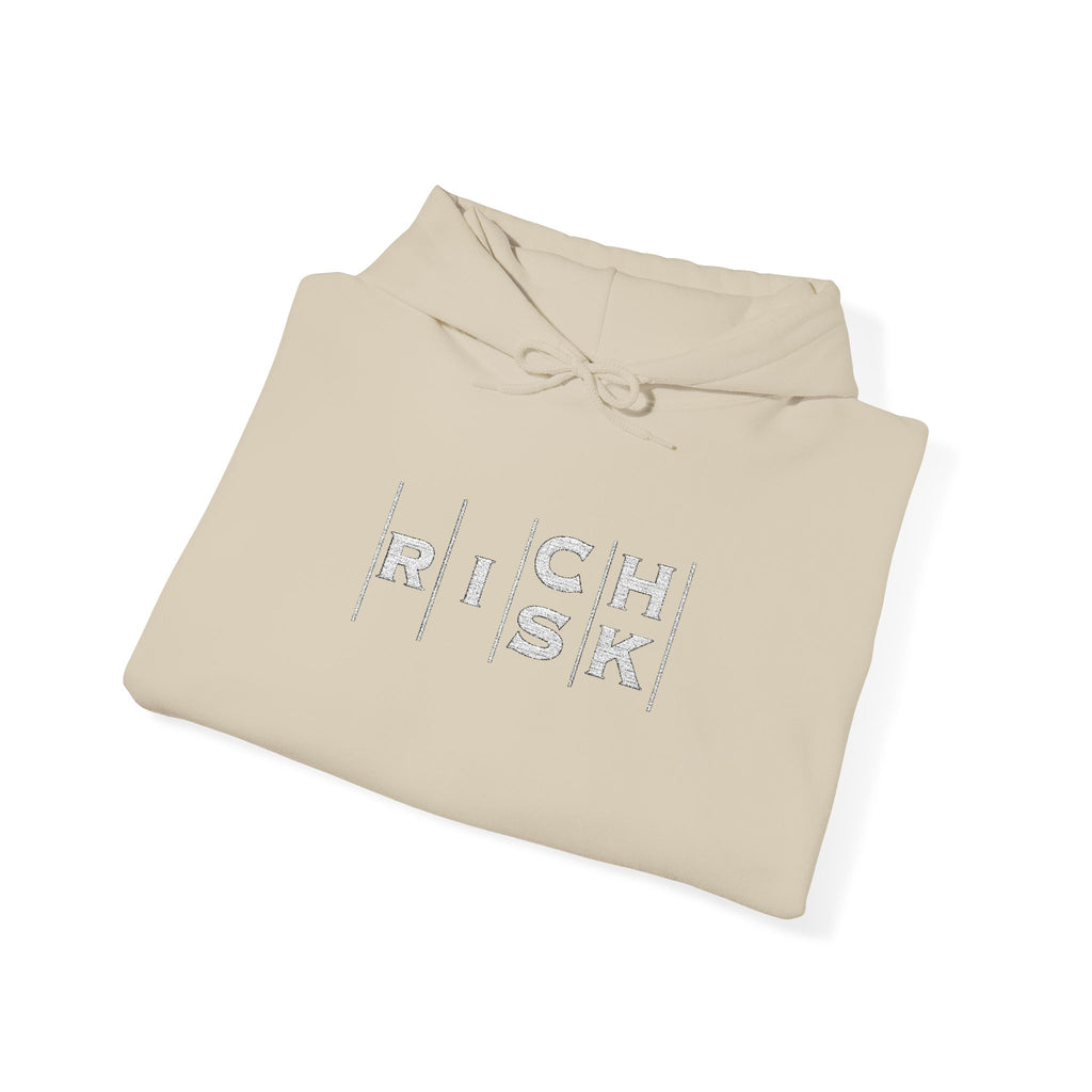 Risk/Reward Graphic Hoodie — “RISK | RICH” Distressed Text Sweatshirt