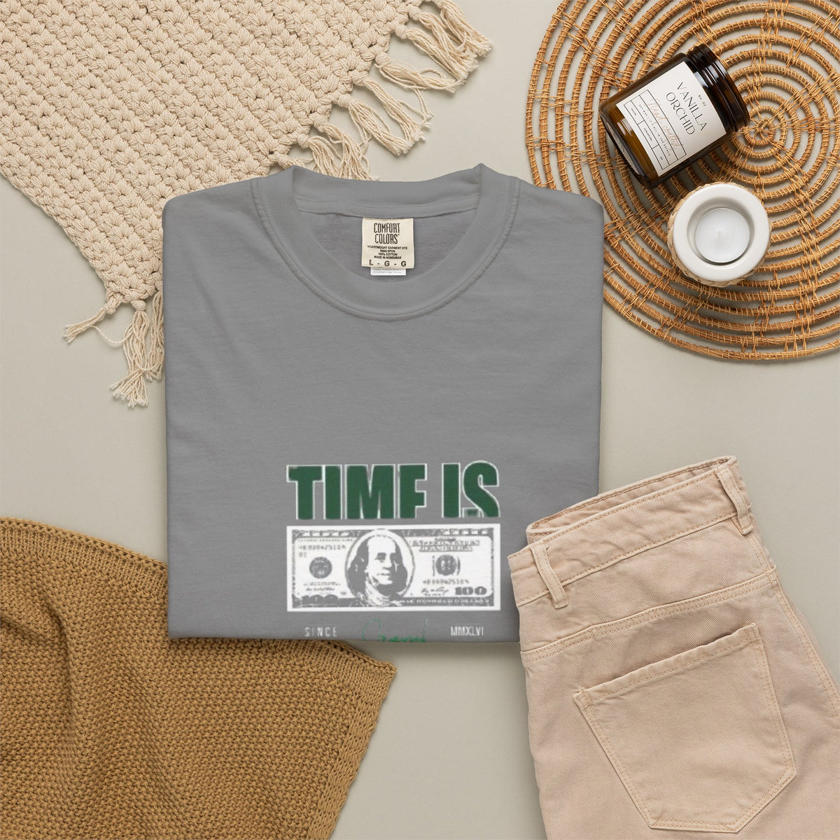 Money Vibe T-Shirt — "TIME IS" Graphic Dollar Bill Tee